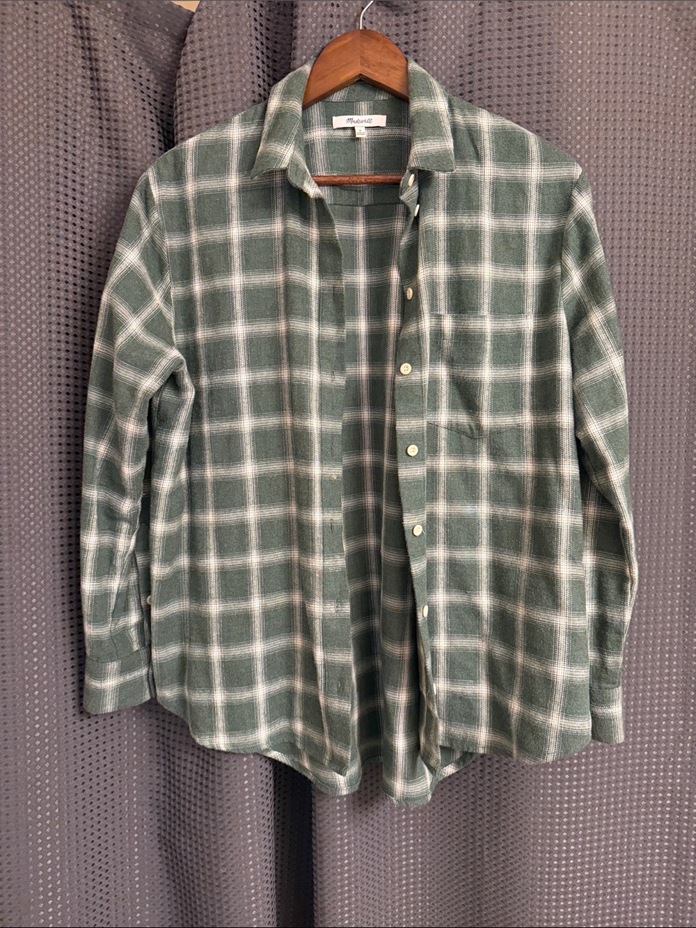 Madewell Green and White Plaid Button-Up Blouse